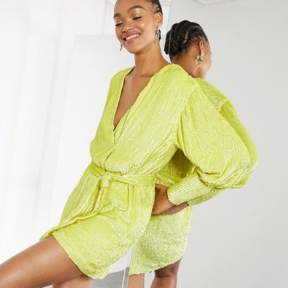 ASOS EDITION SEQUIN WRAP MINI DRESS YELLOW/NEON - GREAT CONDITION
